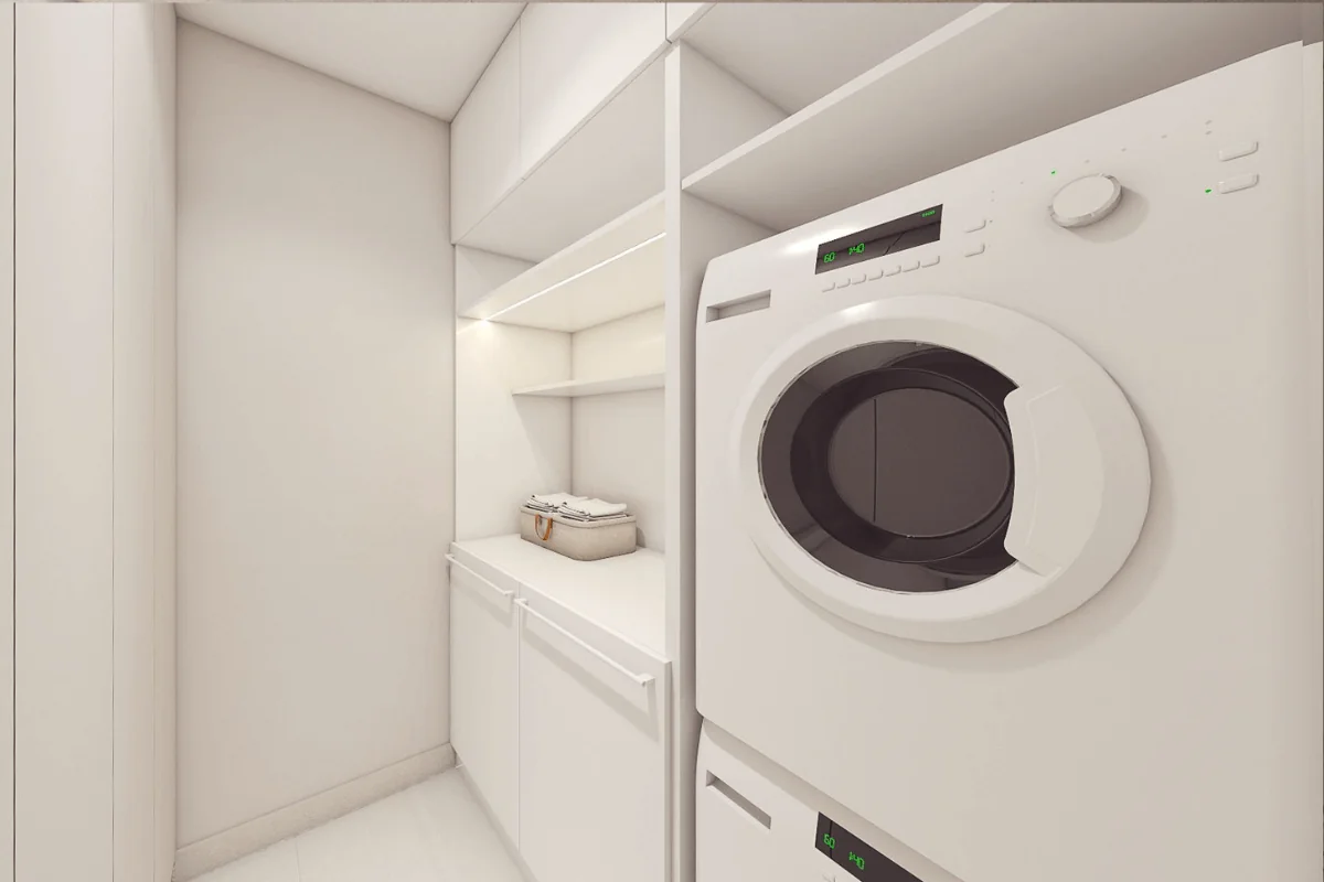 Pralnia z nowoczesnymi meblami i pralką, styl skandynawski