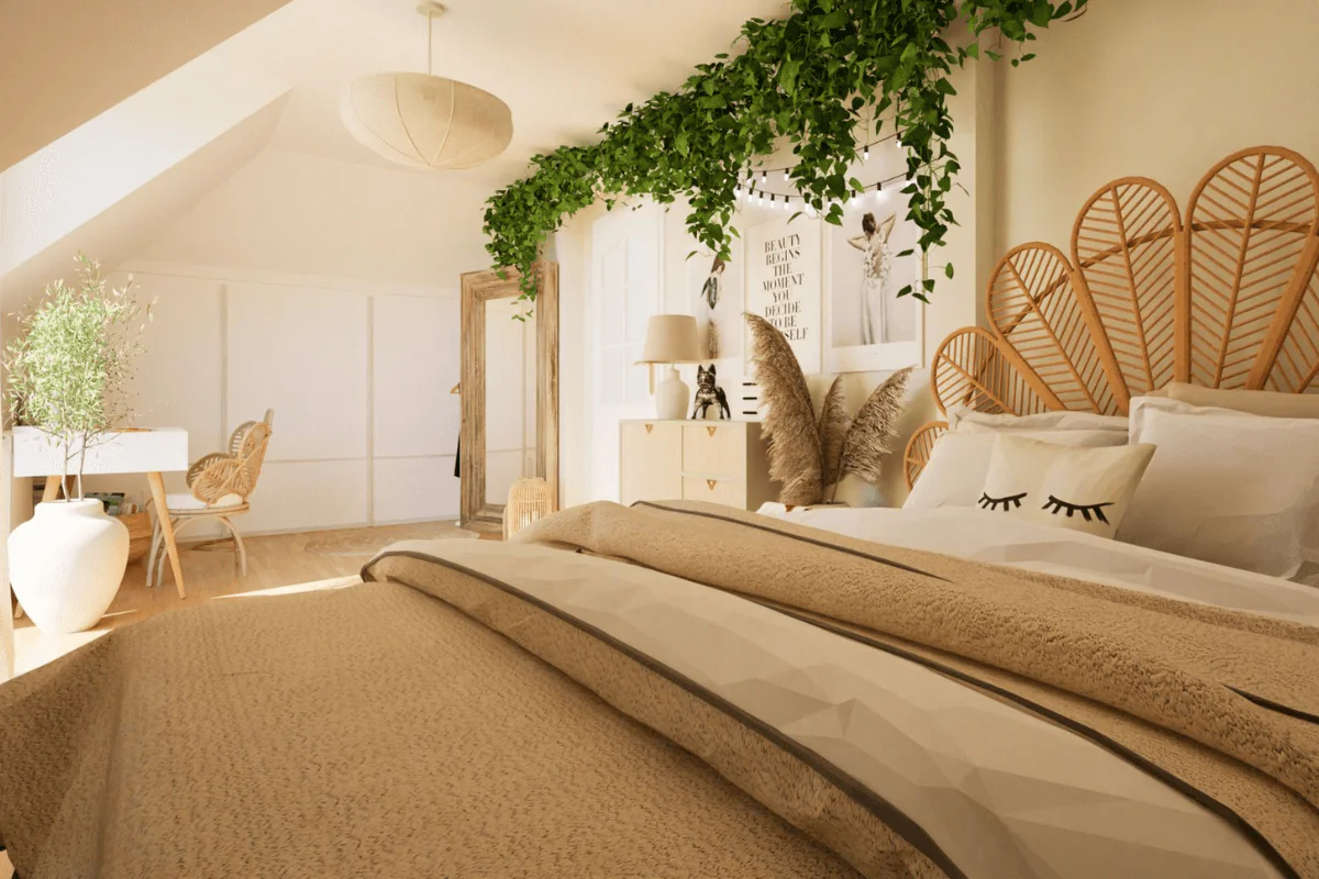 Sypialnia w stylu boho z roślinnymi elementami i naturalnym światłem
