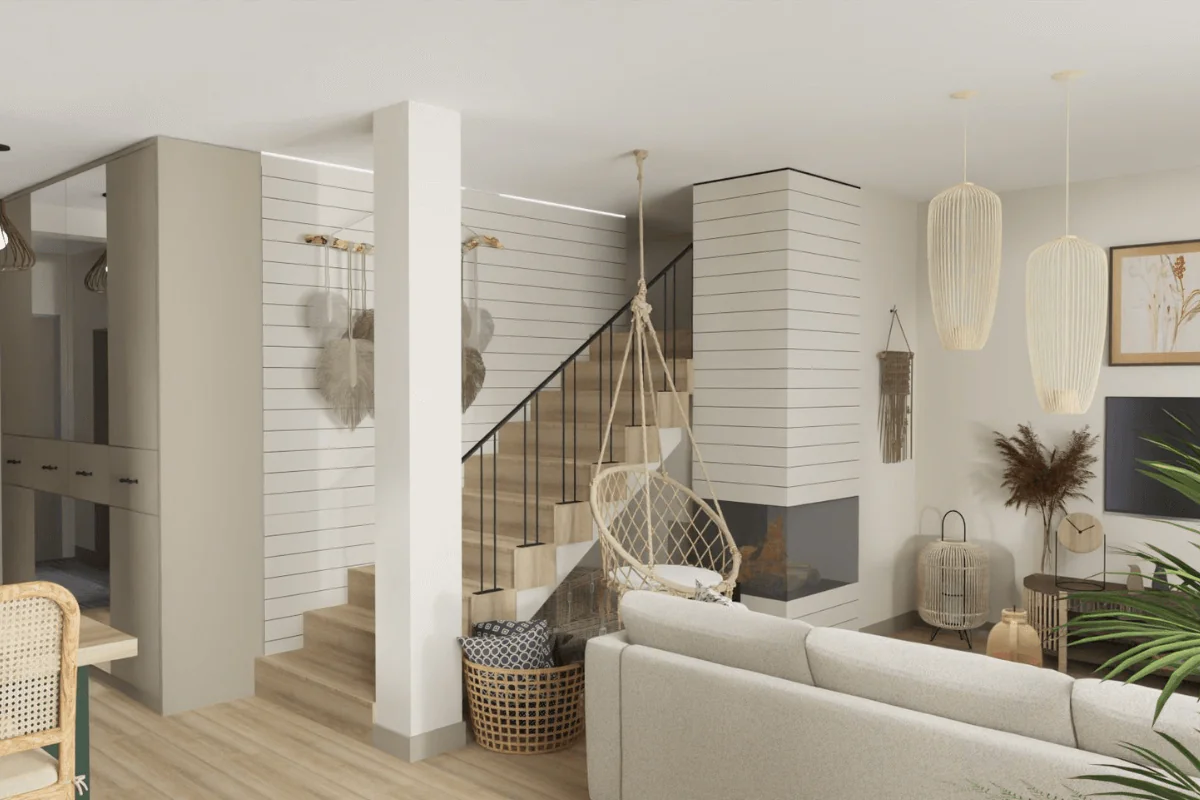 Wnętrze boho z jasnymi meblami, roślinami i drewnem.