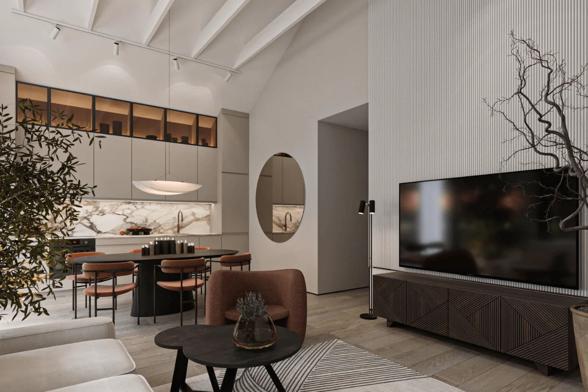 Wnętrze w stylu minimaluxe z szarymi meblami i drewnianą podłogą.