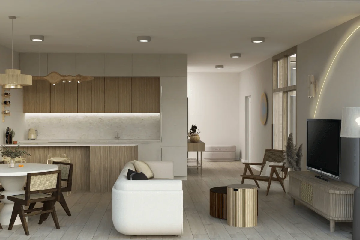 Wnętrze salonu z meblami boho i nowoczesnymi akcentami, jasne kolory.