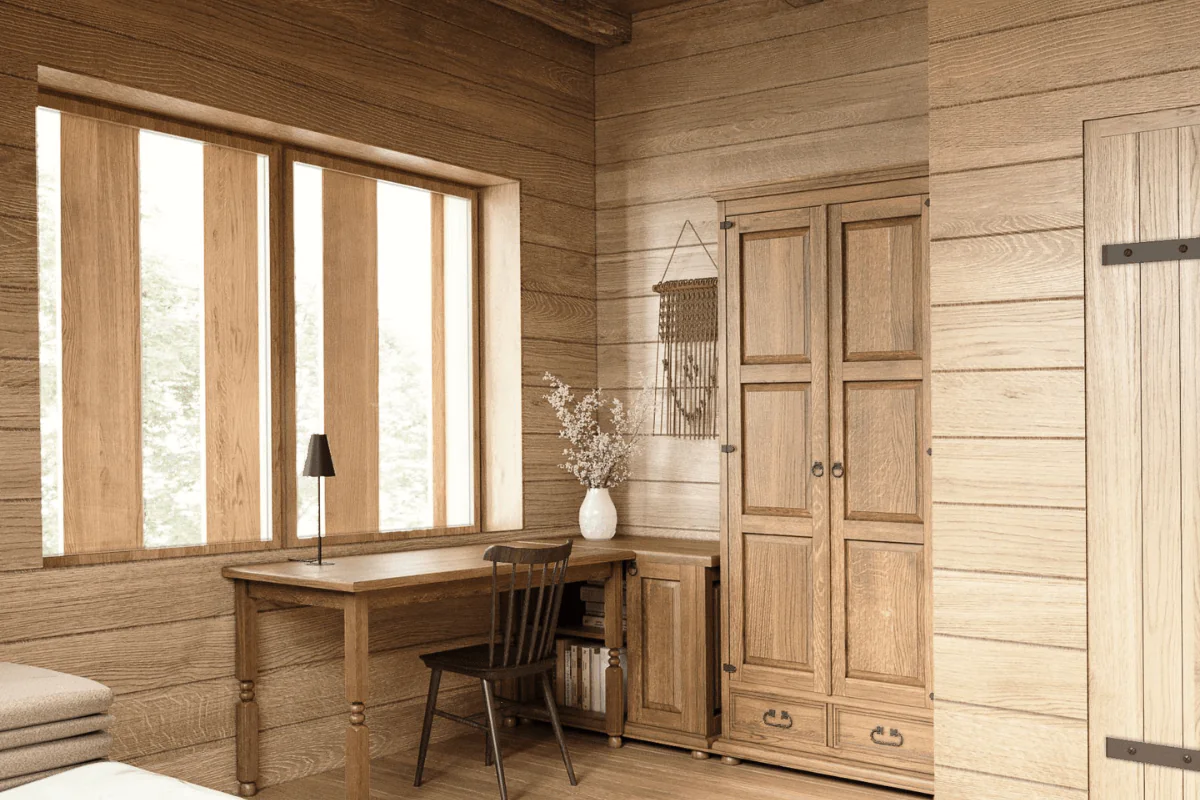 Wnętrze eklektycznego pokoju z drewnianymi meblami, prowansalskim akcentem i rustykalnym charakterem.