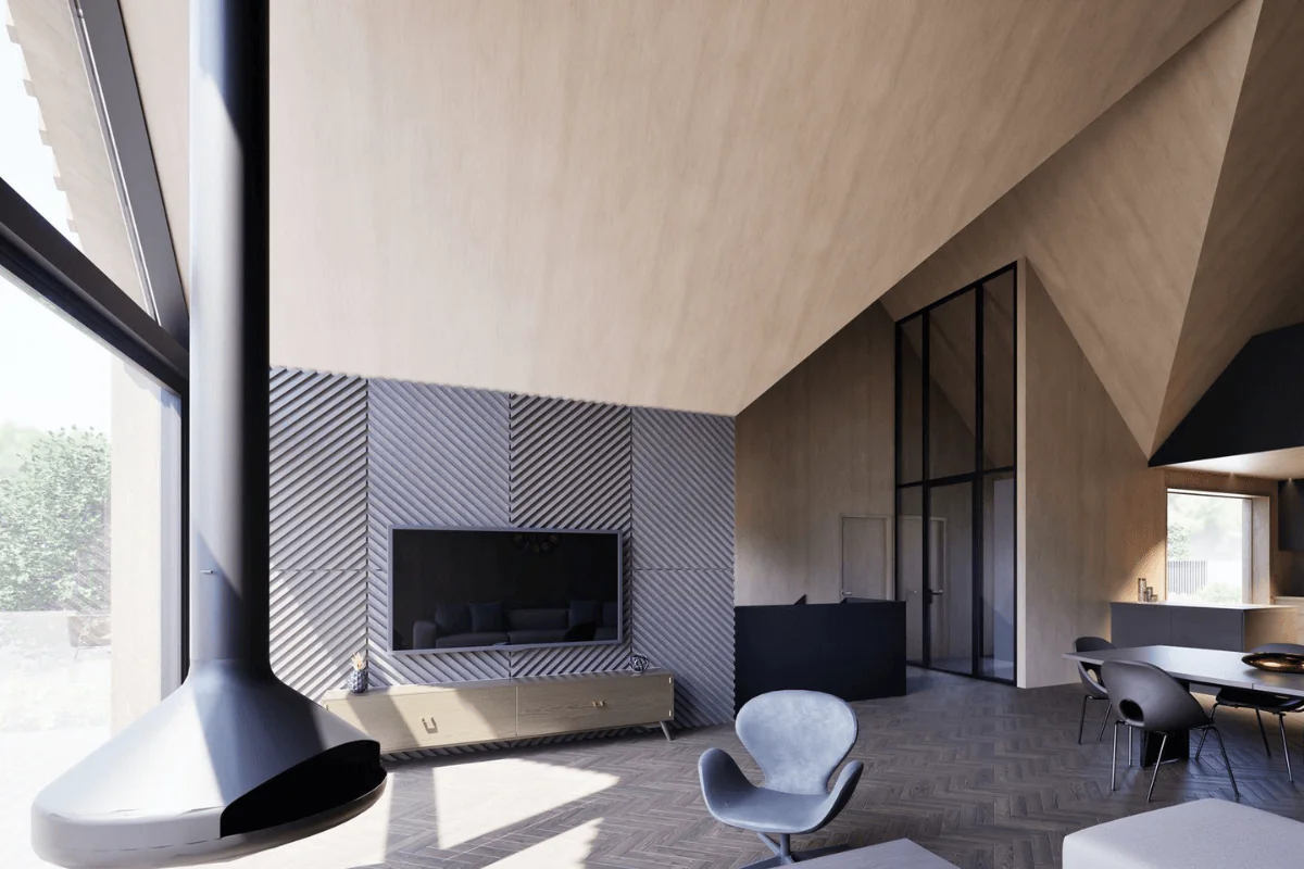 Nowoczesne wnętrze z dużymi oknami, drewnianymi elementami i stylowym oświetleniem.