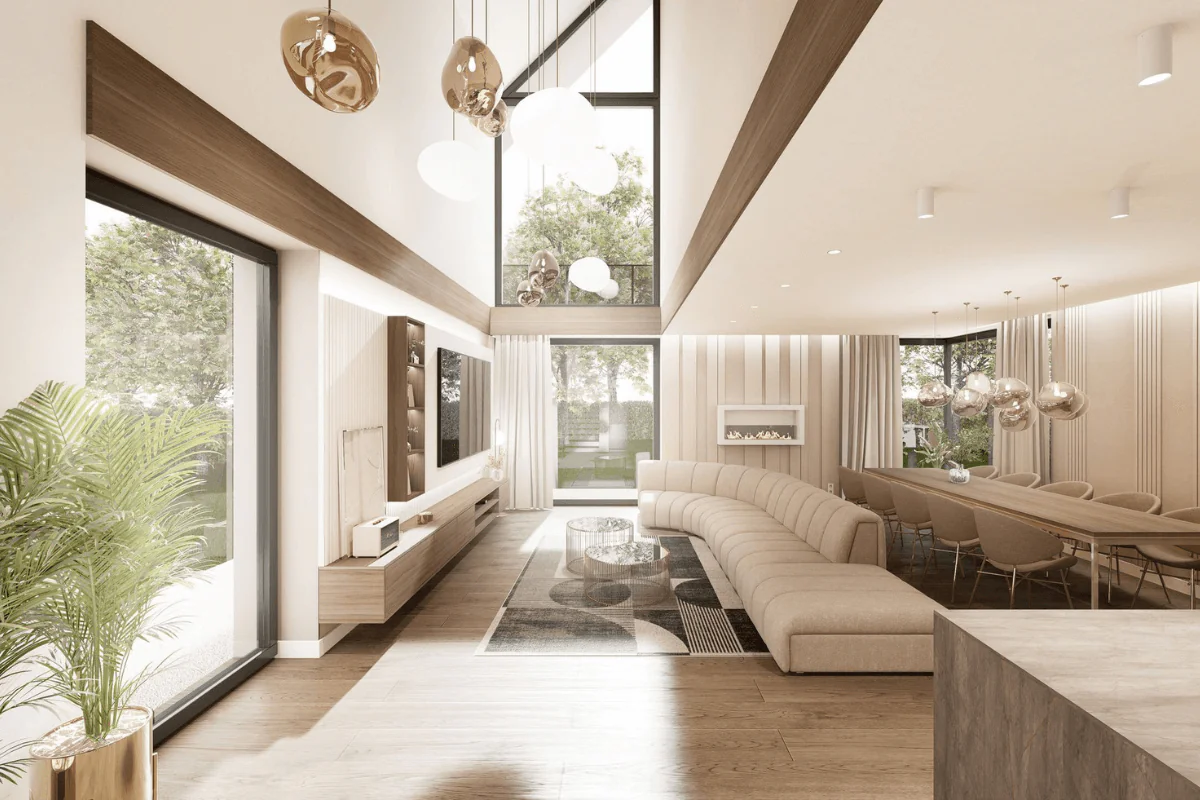 Wnętrze salonu z minimalistycznym wystrojem, jasnymi meblami i dużymi oknami.