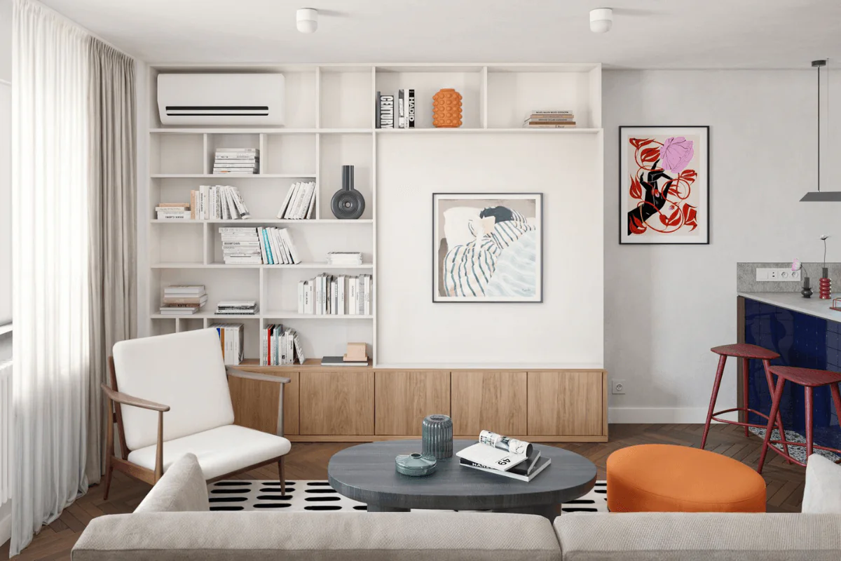 Wnętrze salonu z art deco, minimalistycznym i vintage designem oraz białymi meblami.