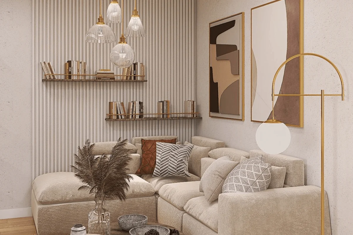 Wnętrze nowoczesnego salonu z beżową sofą i dekoracyjnymi elementami.