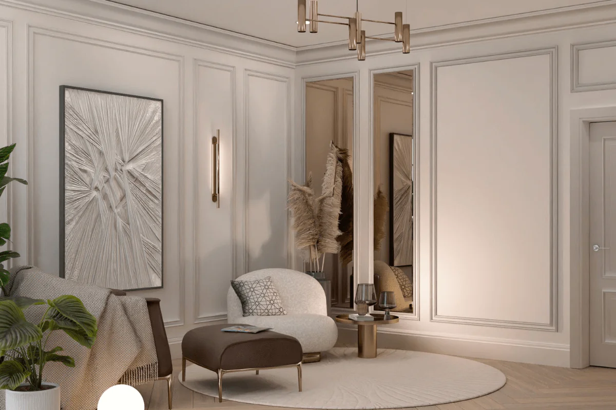 Wnętrze salonu w stylu minimaluxe z jasnymi meblami, roślinami i eleganckim oświetleniem.