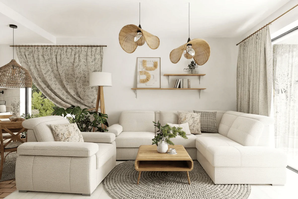 Wnętrze salonu w stylach boho i vintage z jasnymi meblami i roślinami.