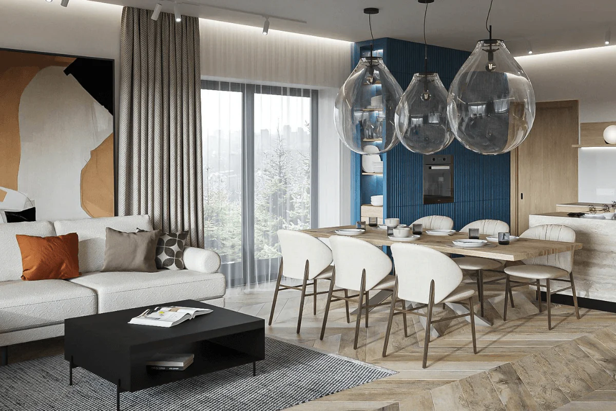 Wnętrze jadalni z drewnianym stołem, jasnymi krzesłami i nowoczesnymi lampami.