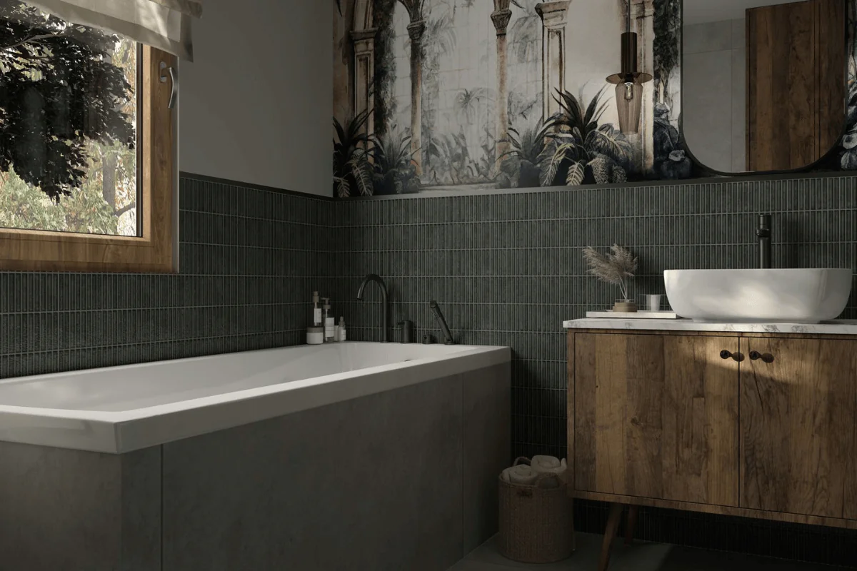 Nowoczesna łazienka z zielonymi kaflami, drewnianymi meblami i roślinnymi dekoracjami. Styl art deco, boho, minimaluxe.