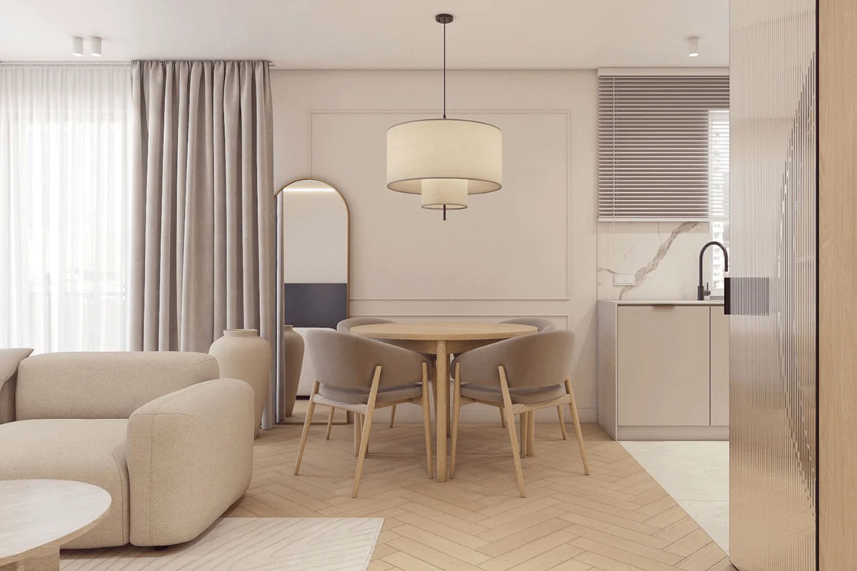 Wnętrze salonu w stylu art deco, glamour i soft minimalizm z jasnymi meblami.