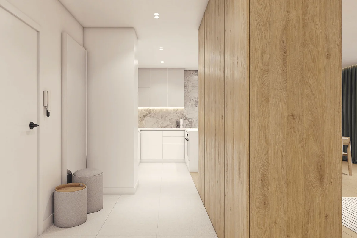 Nowoczesny przedpokój w stylu skandynawskim z drewnianymi elementami.