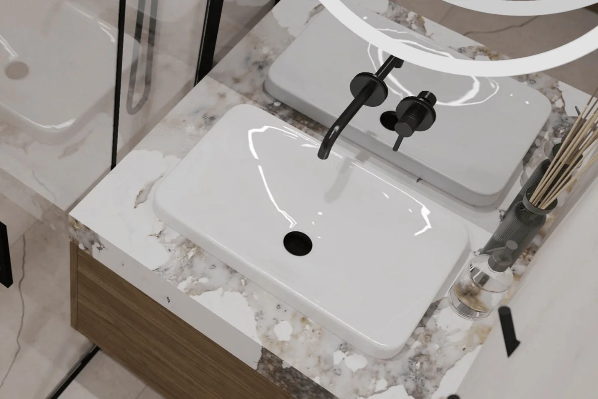 Nowoczesna łazienka z białymi umywalkami i drewnianymi detalami w stylu soft minimalizm.