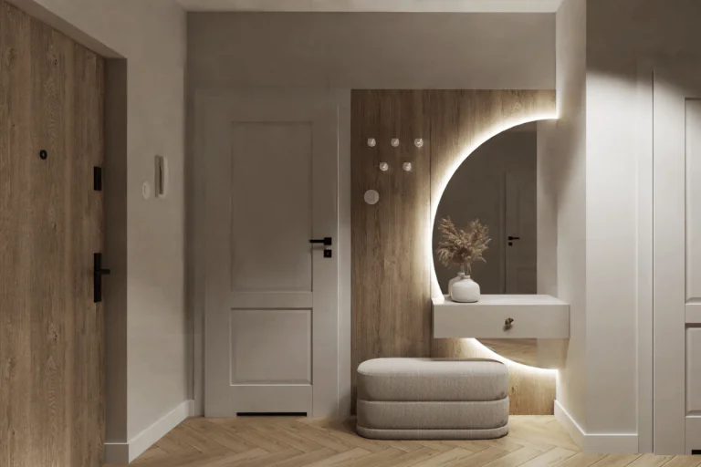 Wnętrze przedpokoju w stylu glamour, japandi i minimalistycznym z drewnianymi akcentami.