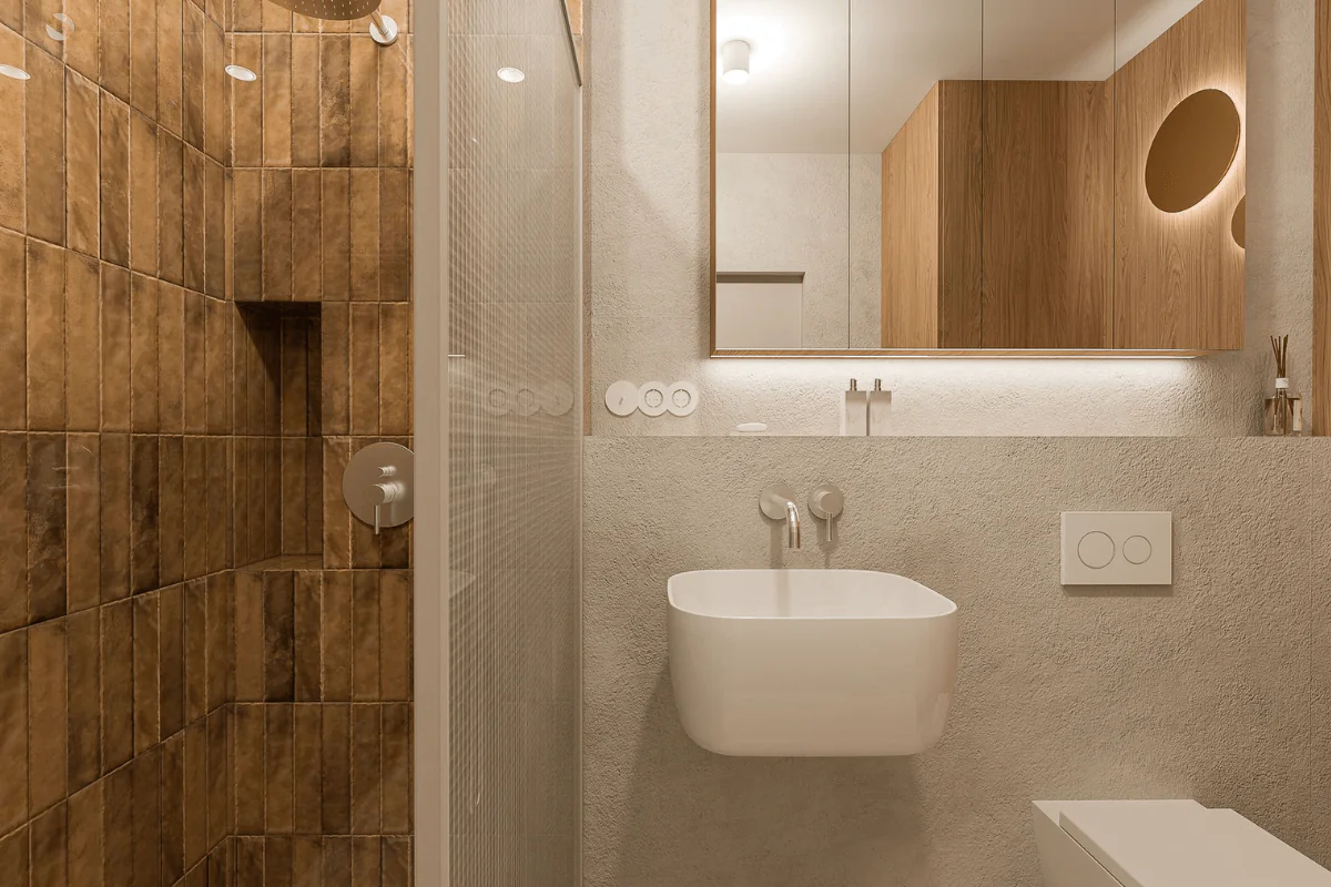 Łazienka w stylu boho i japandi z brązowymi płytkami i minimalistycznymi akcentami.