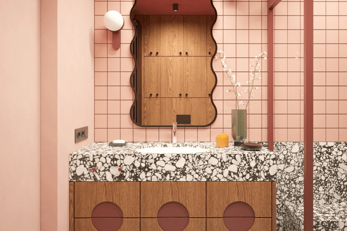 Wnętrze łazienki w stylu art deco z marmurowym blatem i drewnianymi meblami.