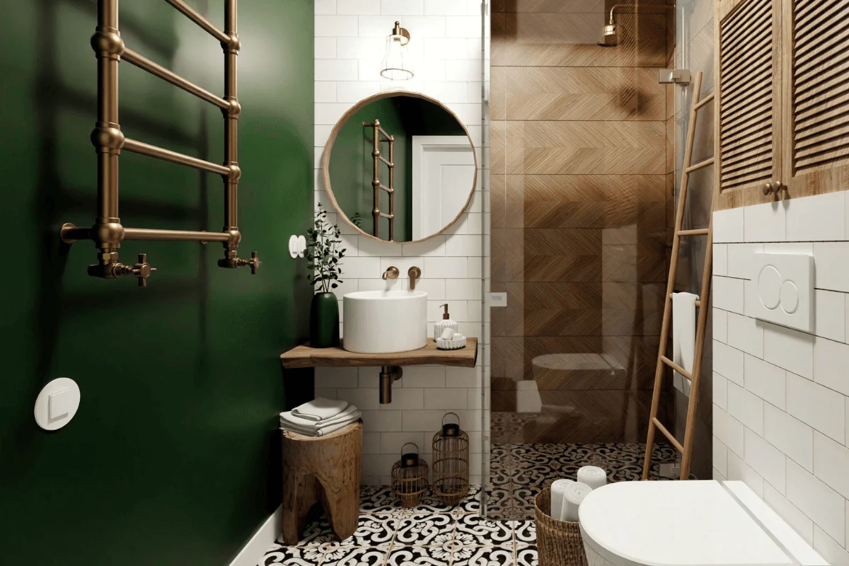Łazienka w stylu boho i rustykalnym z zielonymi akcentami.
