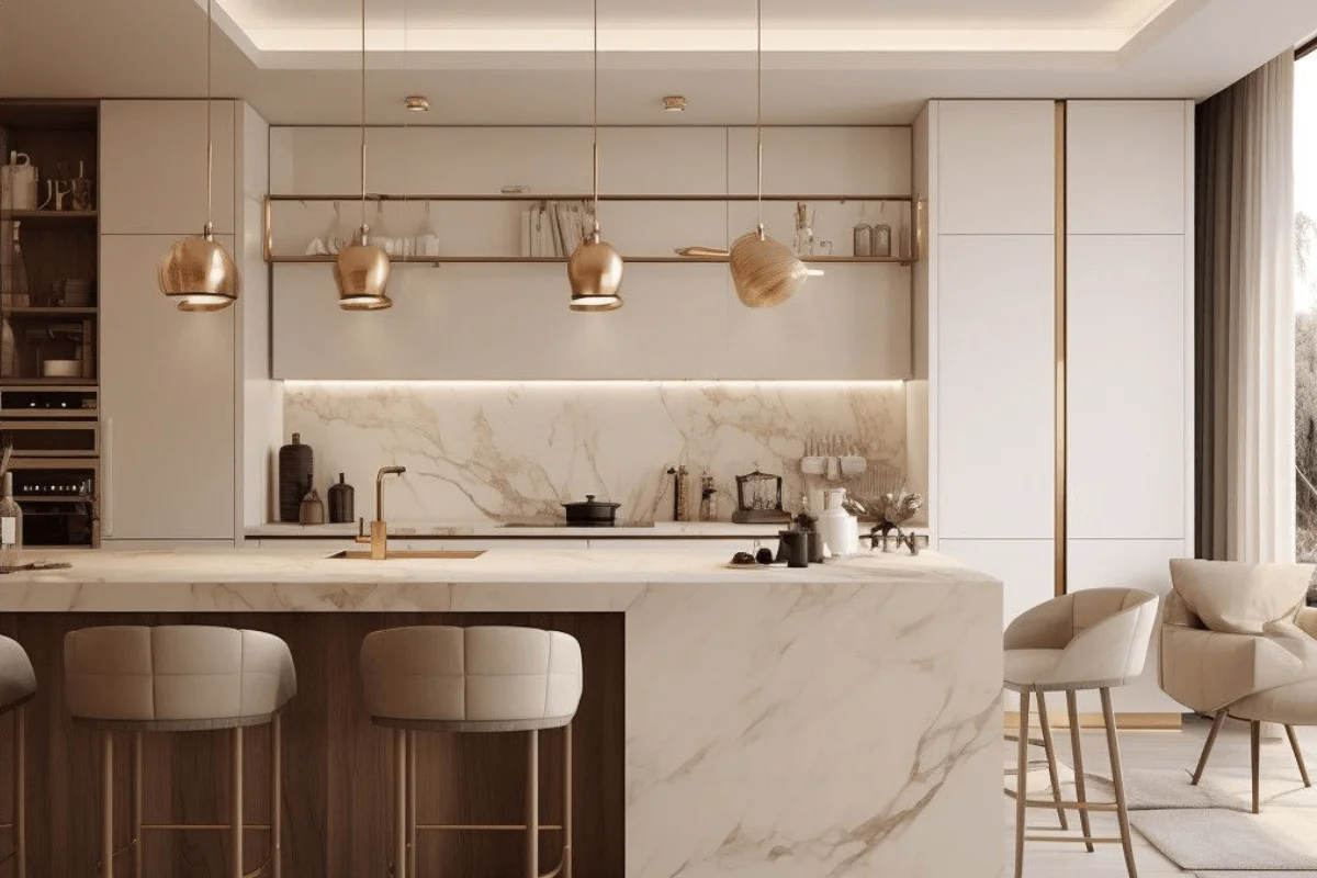 Współczesna kuchnia z białymi meblami i złotymi lampami