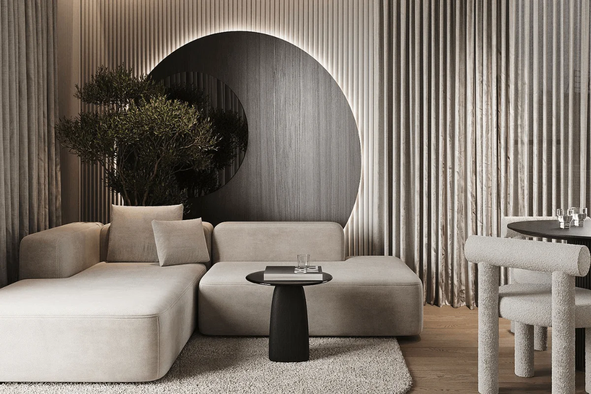 Wnętrze salonu w stylu japandi z beżową sofą i drewnianymi detalami