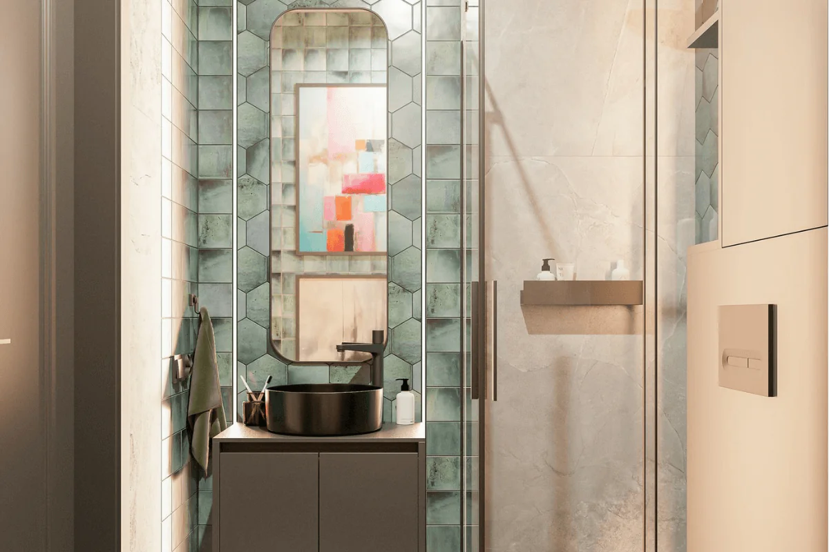 Nowoczesna łazienka z zielonymi kafelkami i minimalistycznym wyposażeniem