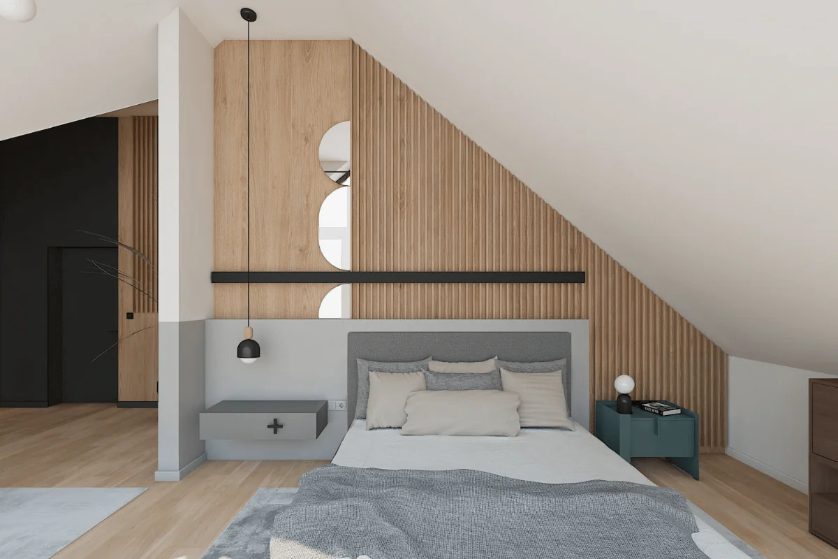 Wnętrze sypialni w stylu boho i minimalistycznym z drewnianymi akcentami.