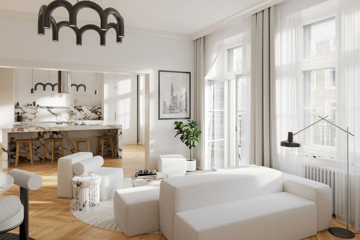 Wnętrze salonu w stylu soft minimalizm z białymi meblami i drewnianymi akcentami.