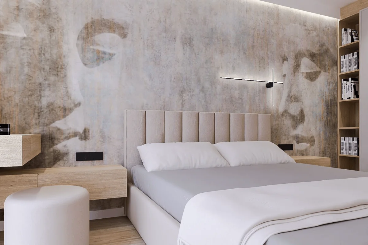 Wnętrze sypialni w stylu japandi z nowoczesnymi elementami quiet luxury.