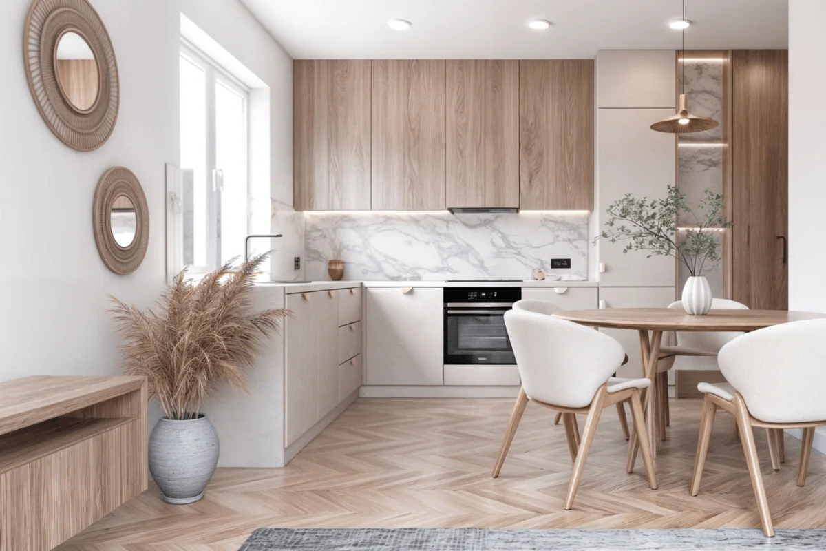 Wnętrze kuchni z drewnianymi meblami i białymi akcentami, tradycyjny styl.