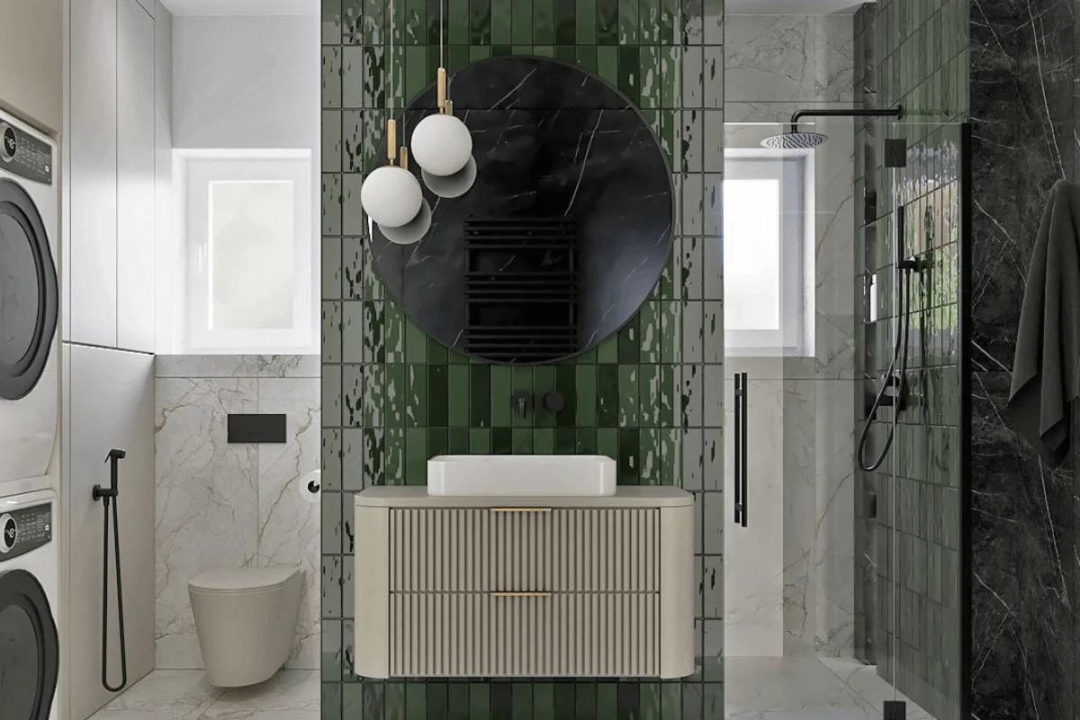 Nowoczesna łazienka z zielonymi kafelkami, białą umywalką i czarnymi akcentami, styl tradycyjny.