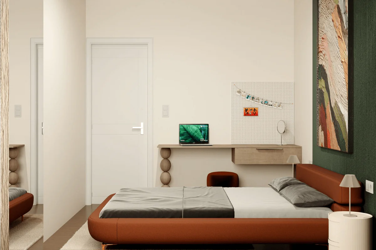 Wnętrze sypialni z brązowym łóżkiem i eklektycznym biurkiem