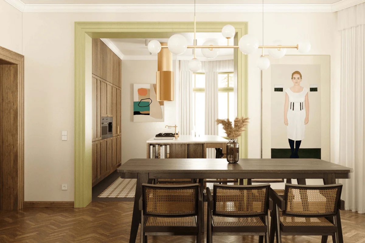 Wnętrze kuchni w stylu dopamine decor, eklektycznym i vintage z drewnianymi meblami.