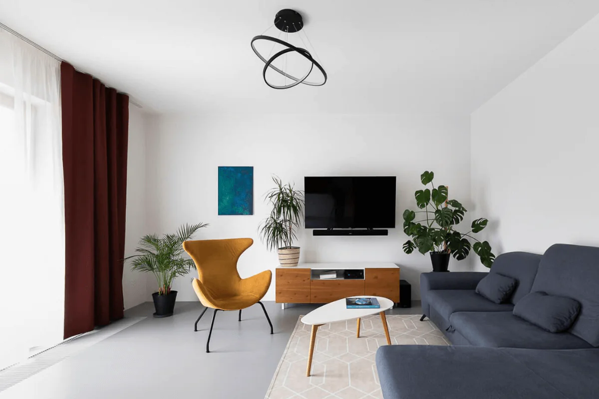 Nowoczesny salon z szarymi meblami, brązowymi zasłonami i roślinami