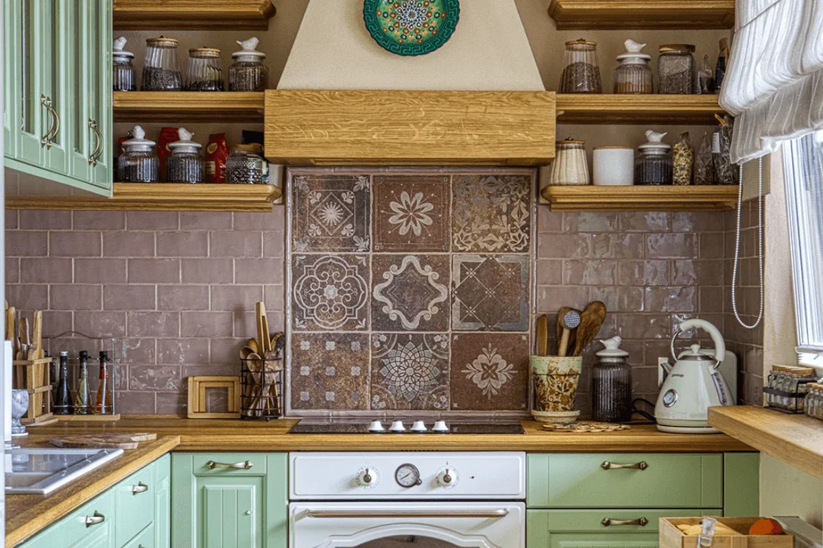 Kuchnia w stylu boho, eklektycznym, japandi z zielonymi meblami i drewnianymi detalami.