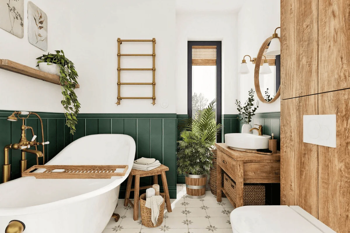 Wnętrze łazienki w stylu boho z zielonymi akcentami i drewnianymi detalami.