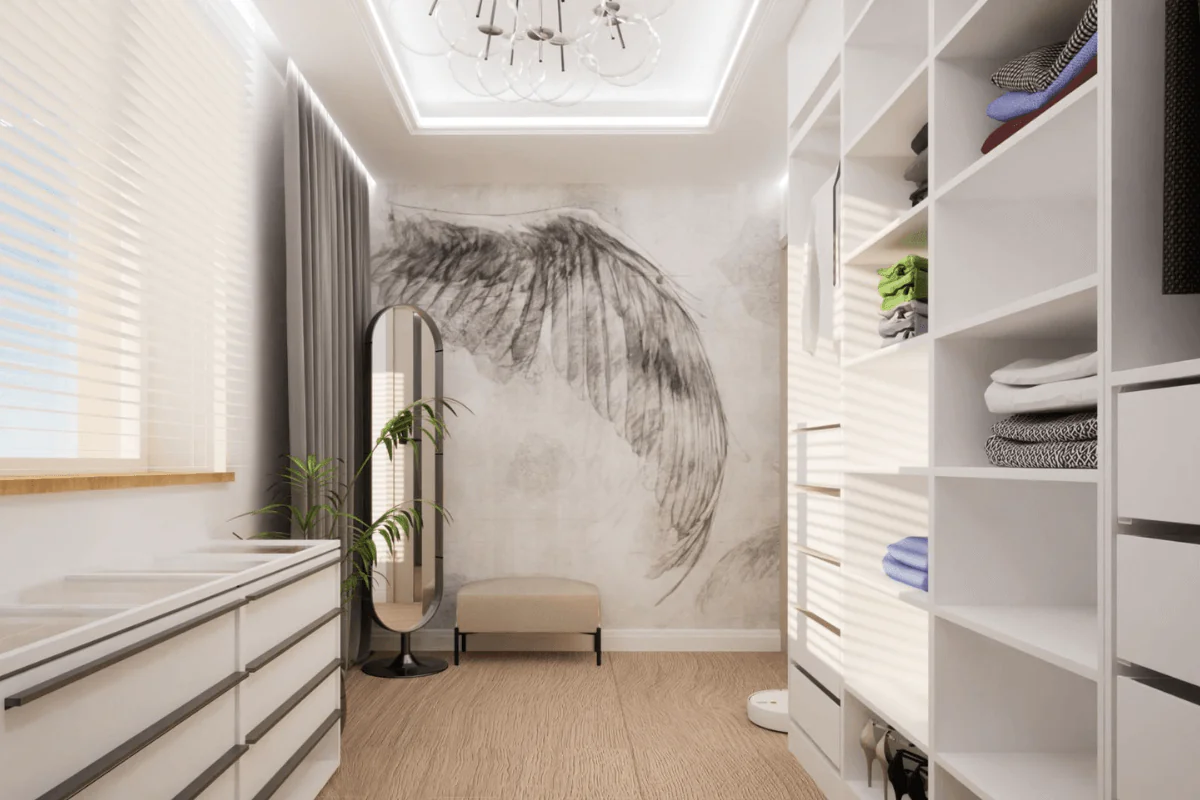 Garderoba w stylu nowoczesnym z białymi meblami i soft minimalizmem.