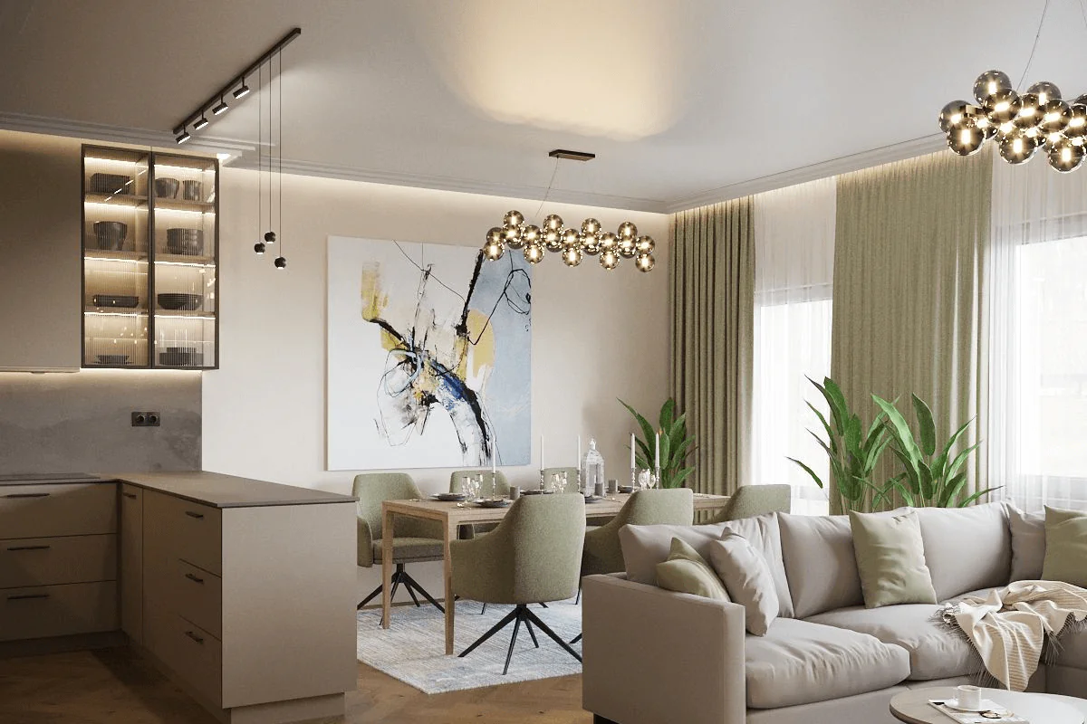 Wnętrze kuchni w stylu minimalistycznym z beżowymi meblami i nowoczesnymi akcentami.