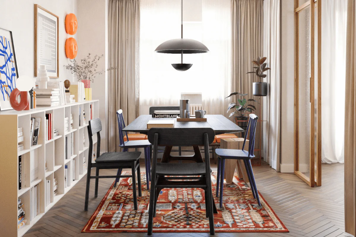 Jadalnia w stylu eklektycznym i minimalistycznym z drewnianym stołem.