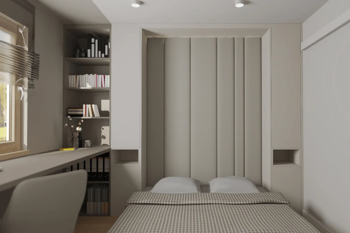 Sypialnia z minimalistycznym wystrojem i nowoczesnymi meblami