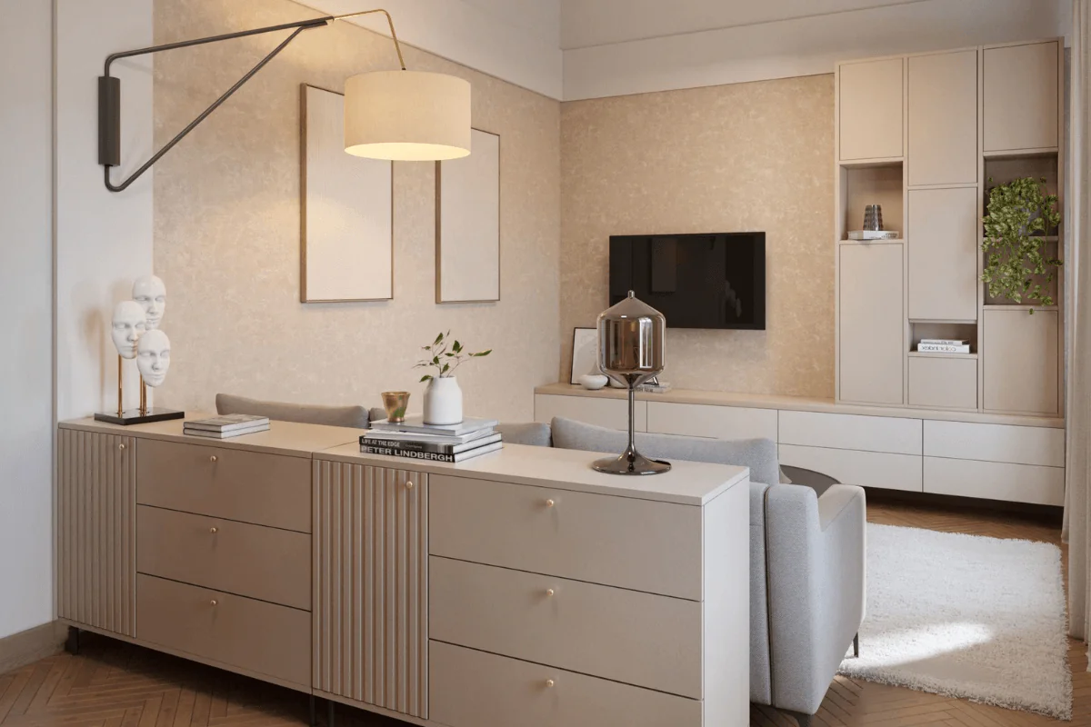 Wnętrze salonu w stylu art deco, glamour i soft minimalizm z jasnymi meblami.