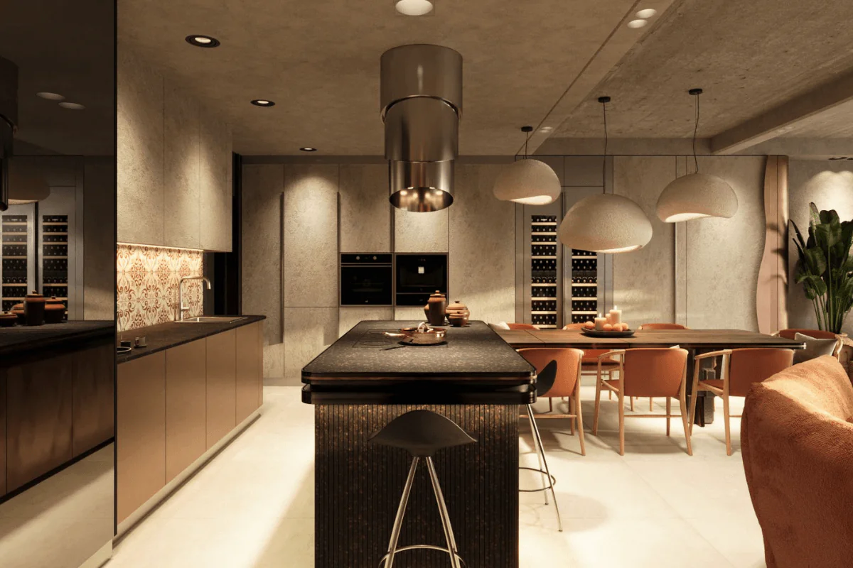 Wnętrze kuchni w stylu industrialnym z minimalistycznymi meblami.