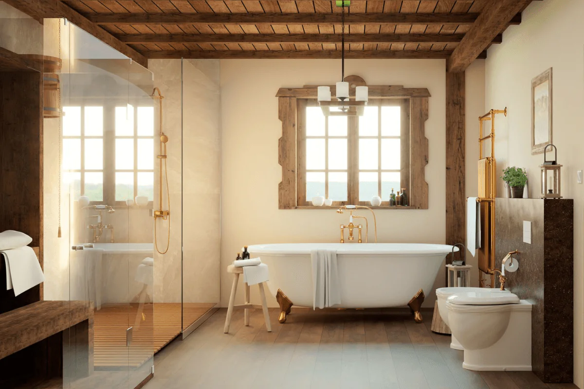 Rustykalna łazienka z wanną, drewnianymi detalami i stylowymi akcesoriami.
