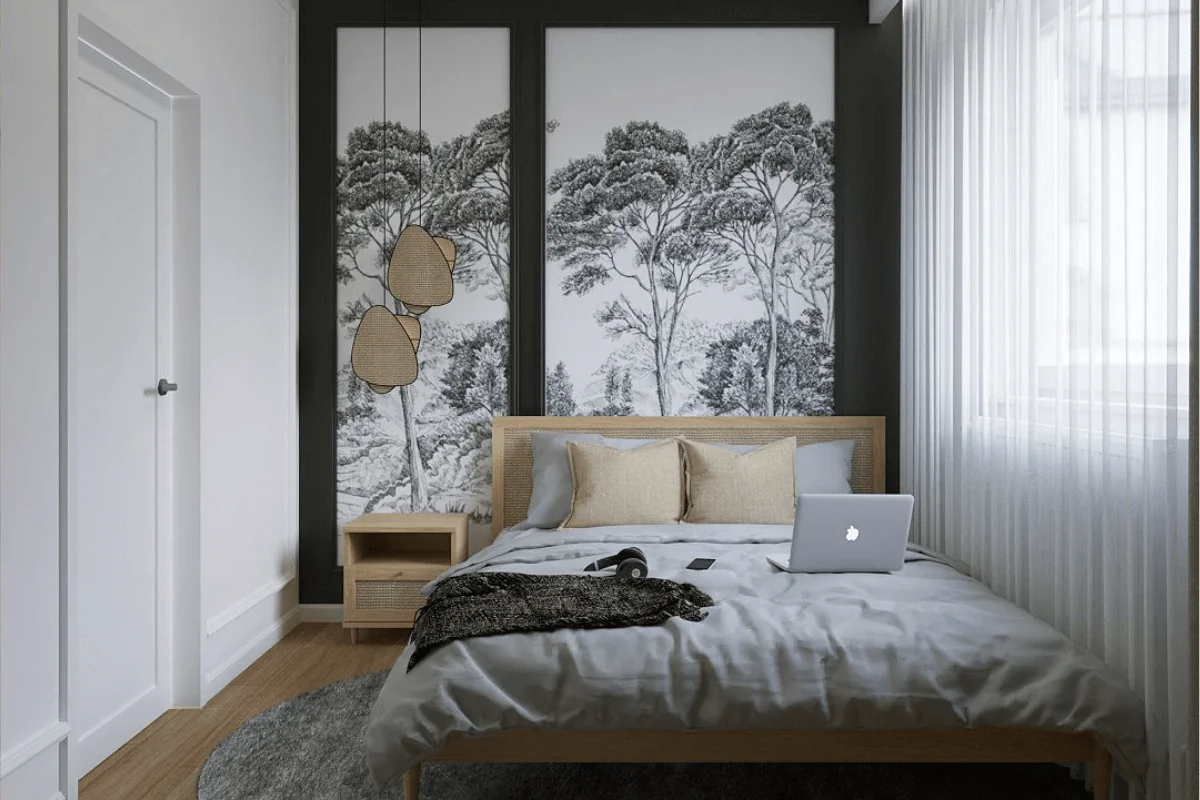 Sypialnia w stylu tradycyjnym z łóżkiem, biurkiem i zasłonami.