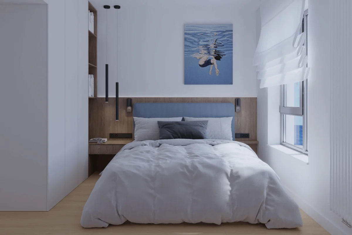 Wnętrze sypialni z niebieską pościelą i drewnianymi detalami, styl nowoczesny.