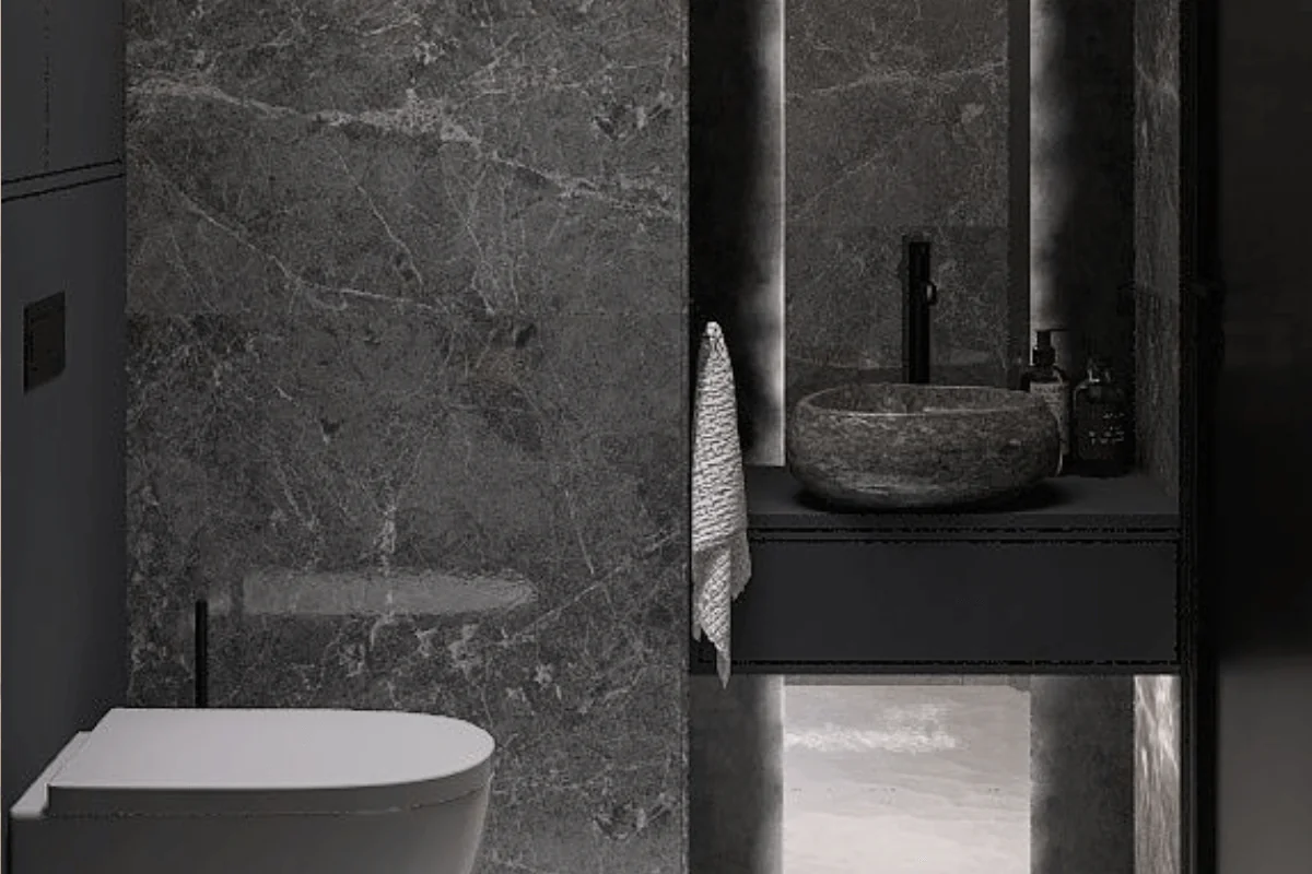 Nowoczesna łazienka w stylu soft minimalizm z szarymi ścianami i białymi elementami