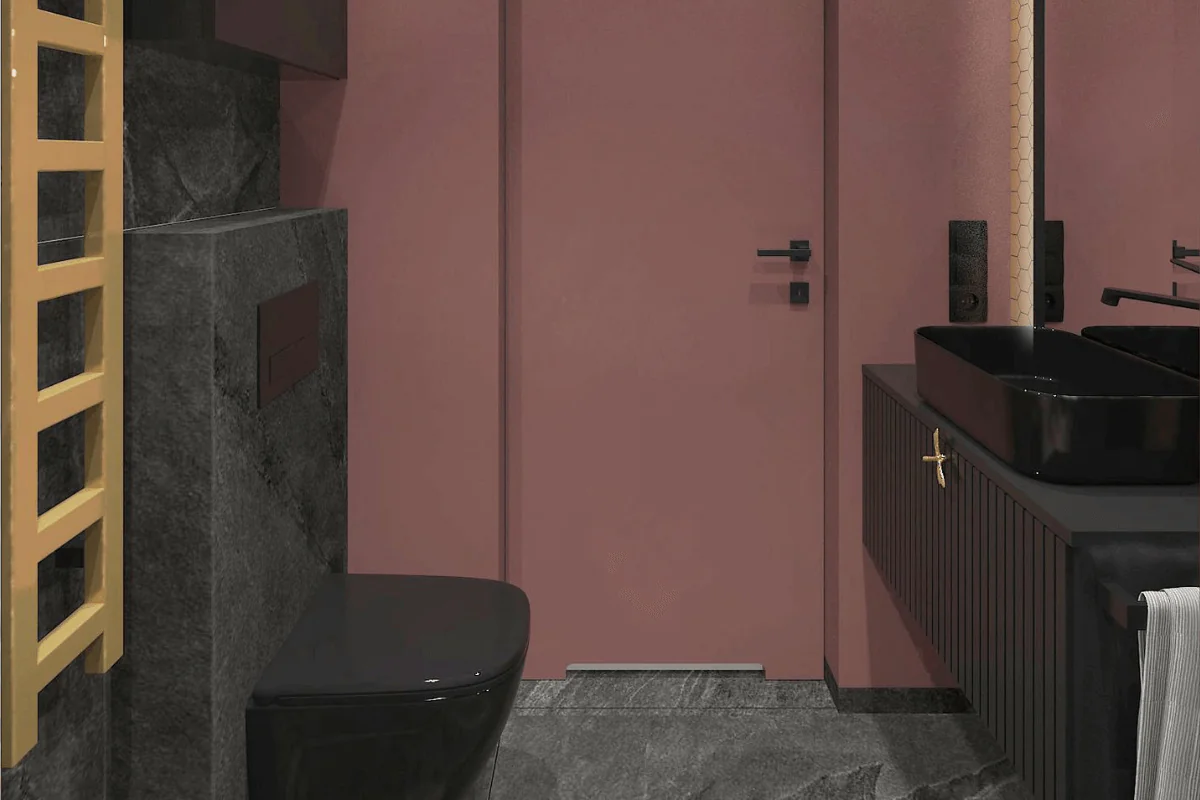 Nowoczesna łazienka z czarnymi elementami i różowymi ścianami.
