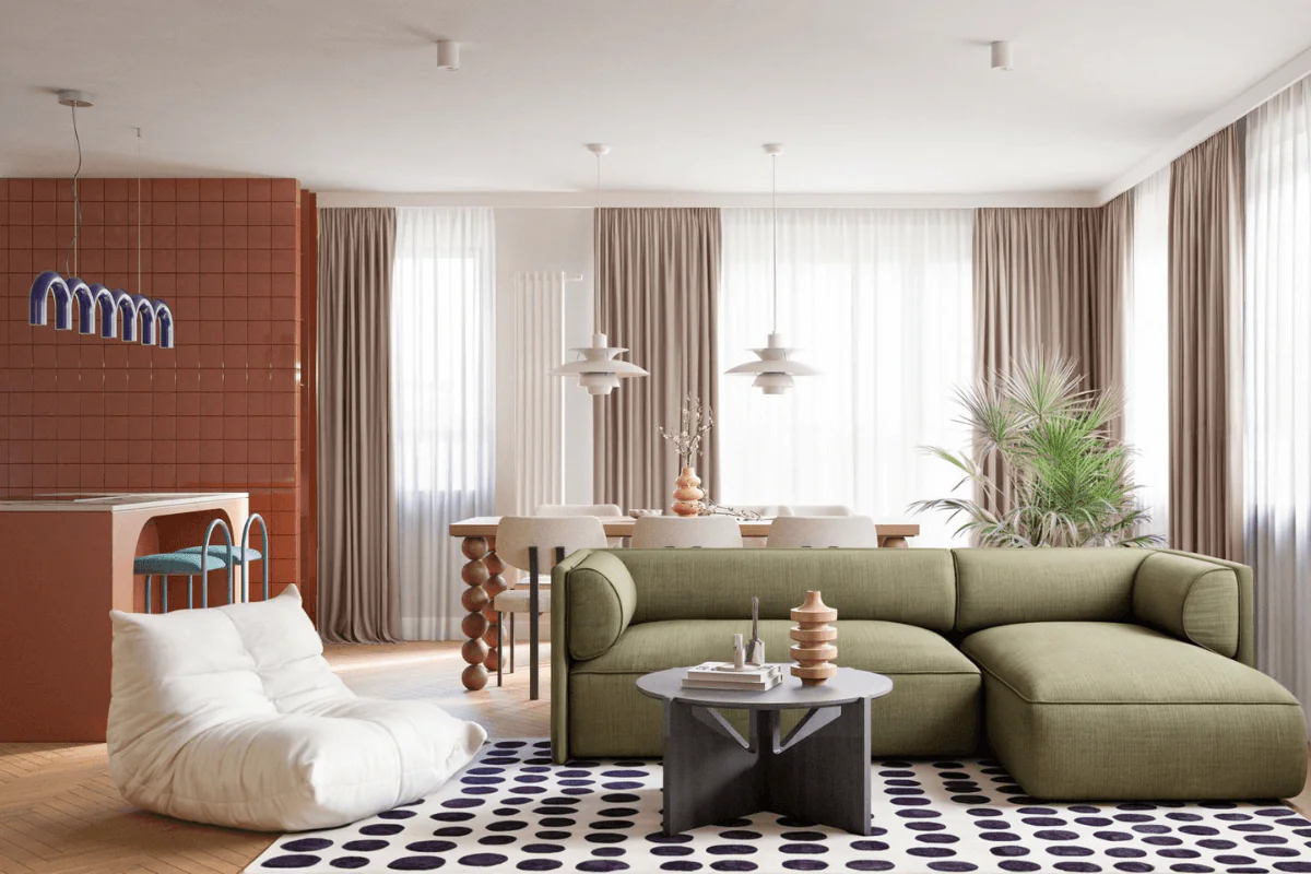 Nowoczesny salon z zieloną sofą, wzorzystym dywanem, jasnymi zasłonami, drewnianym stołem jadalnianym, czerwonym akcentem na ścianie i roślinami