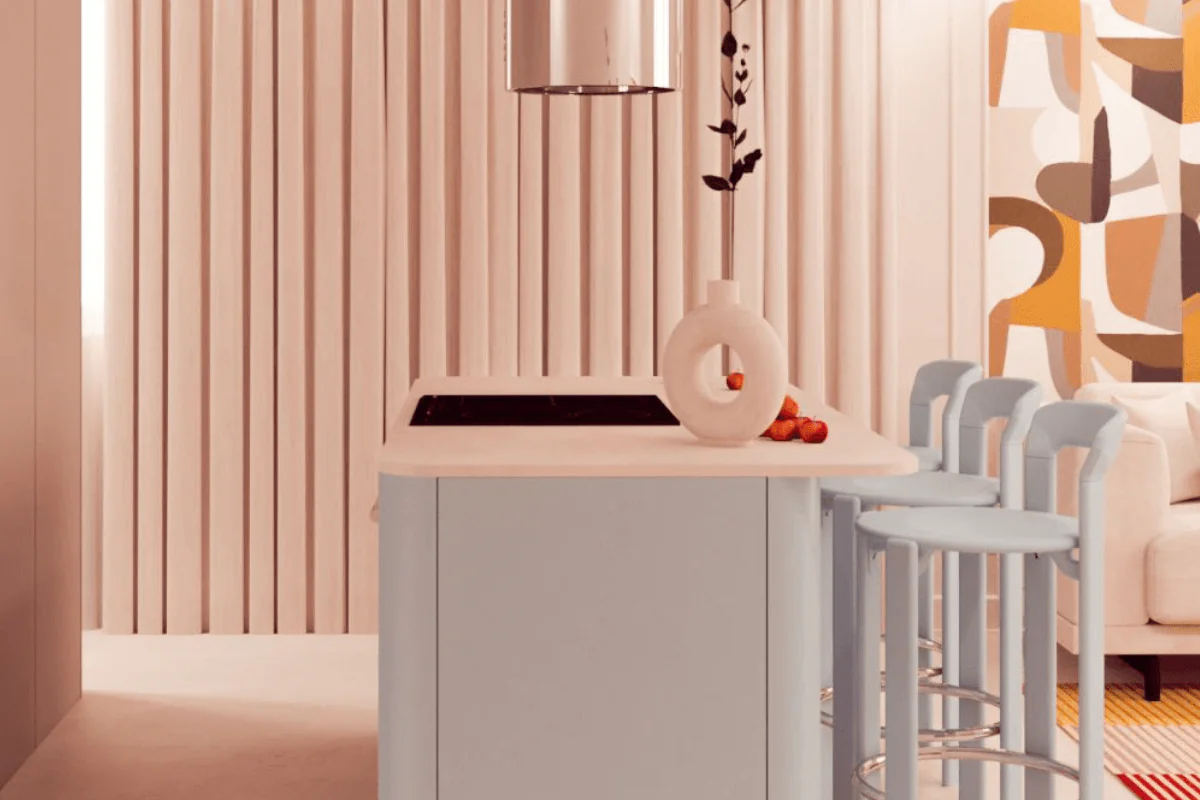 Wnętrze kuchni z niebieską wyspą, eklektycznym stylem i minimalistycznymi akcentami.