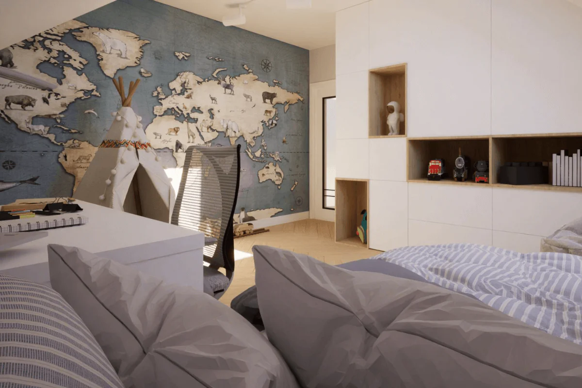 Pokój dziecięcy w stylu nowoczesnym i tradycyjnym z tipi oraz mapą świata.