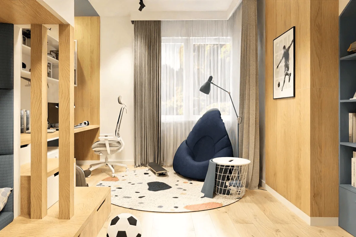 Wnętrze pokoju dziecięcego z niebieskim fotelem, biurkiem i drewnianymi akcentami. Styl nowoczesny.