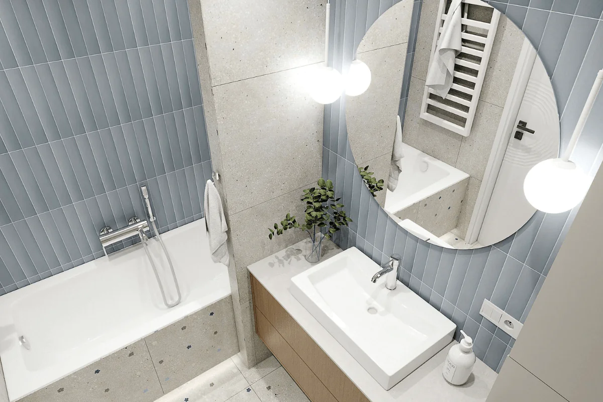 Nowoczesna łazienka z eklektycznym stylem, niebieskie płytki i drewniane meble.